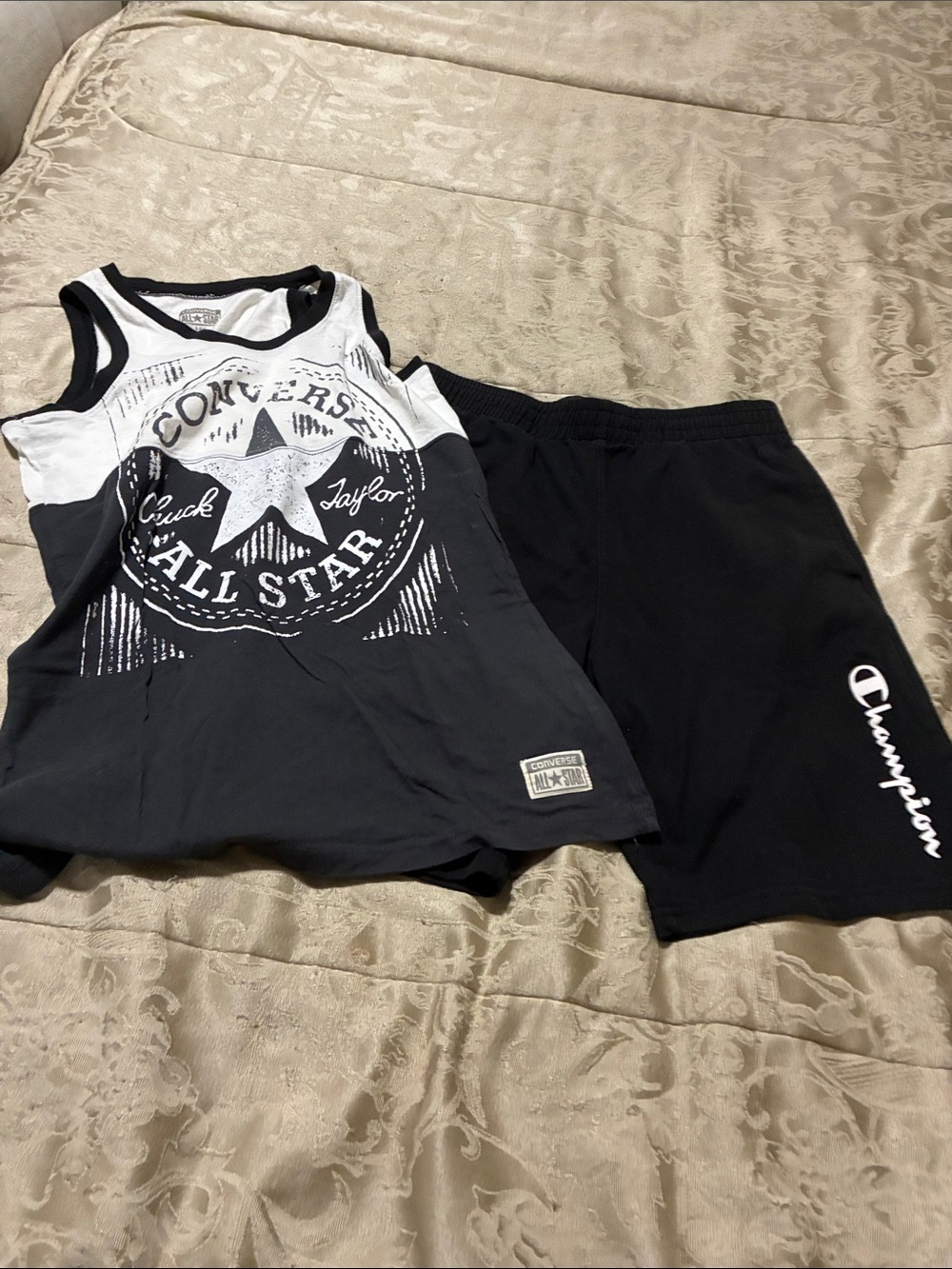 Converse Black and White Graphic Tank with Black Champion Shorts